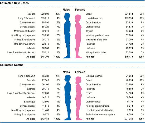  Ten Leading Cancer Types for the Estimated New Cancer Cases and Deaths by Sex, United States, 2015.